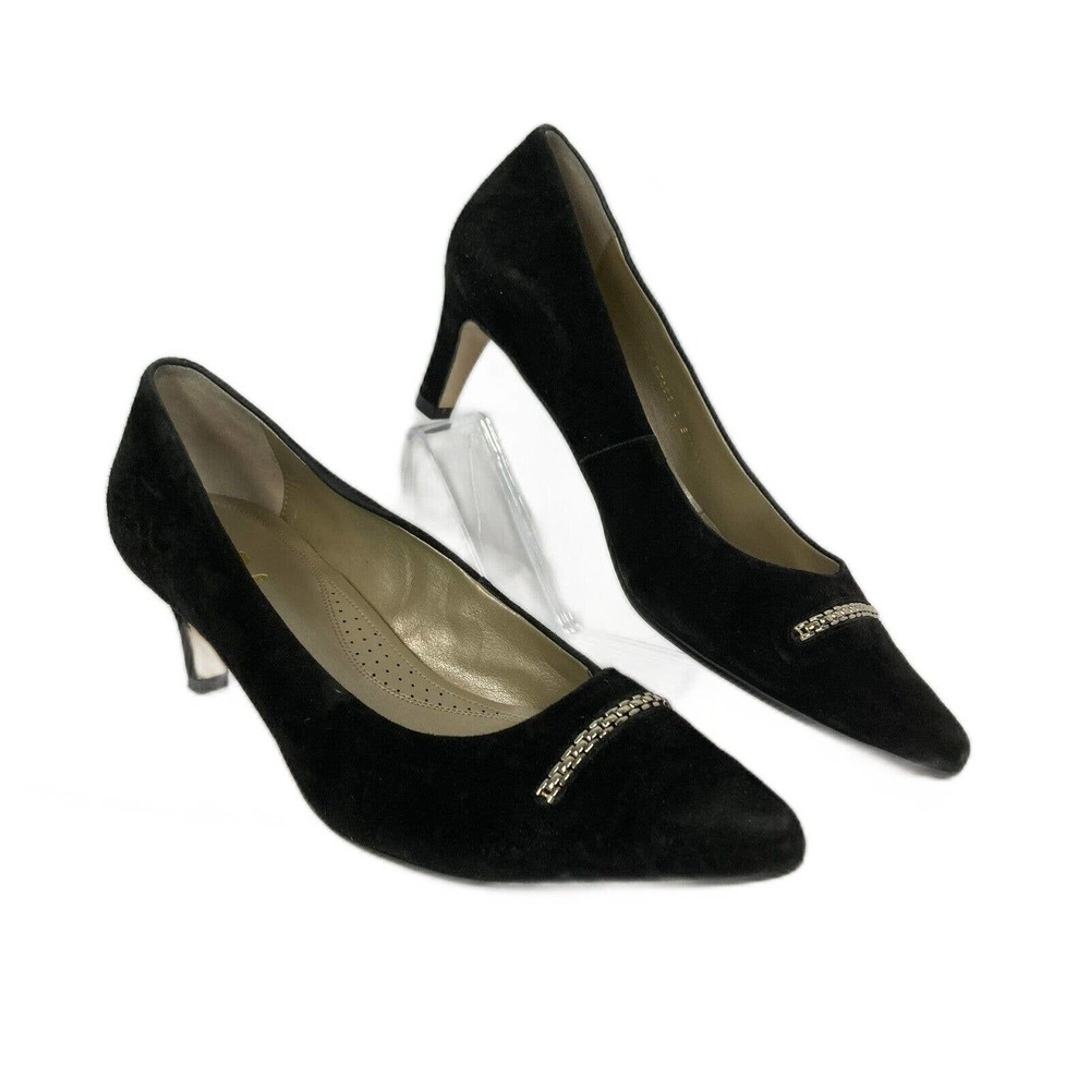 Van-Dal Whitwoth X Pumps‎ Womens Sz 8 EEE Black Suede Gold Chain Heels